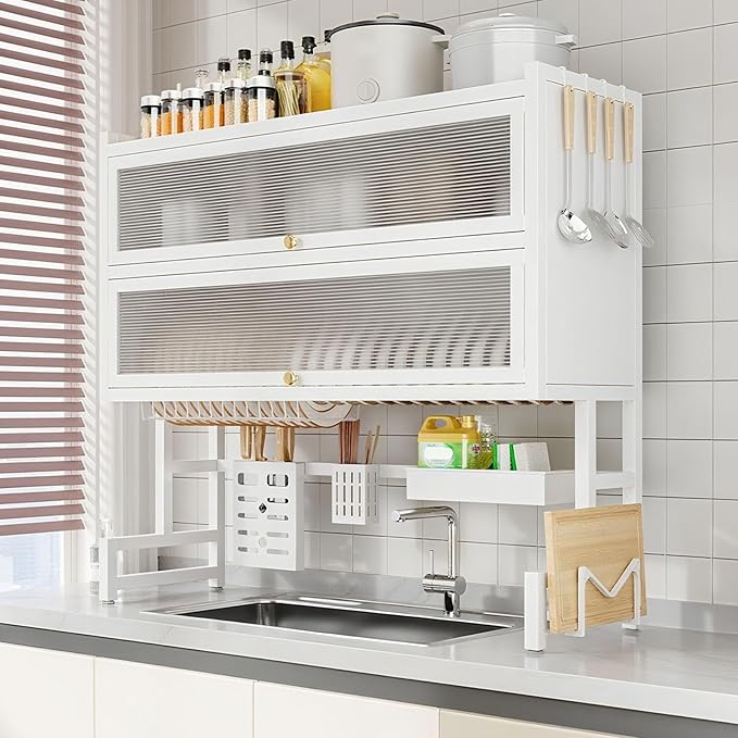 Large Over The Sink Dish Drying Rack 4 Tiers with Cover, Space-Saving Keep Kitchen Sink Shlef Organized, Drying Rack for Dishes, Glasses, Bowls, Cutlery Black(White,75cm)