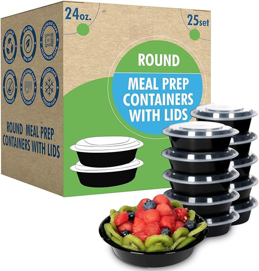 SafeWare Meal Prep Container Reusable with Lids [25 Set- 24oz] Round Ideal-Food Prep Containers, Food Storage Bento Box | Stackable | Microwave | Dishwasher | Freezer Safe.