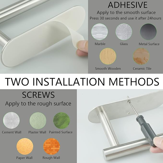 Paper Towel Holder with 2 Hooks-Under Cabinet Paper Towel Holder for Kitchen, Self-Adhesive or Screws, Space Saving Wall Mounted Kitchen Roll Holder, Bathroom, Stainless Steel Brushed Nickel