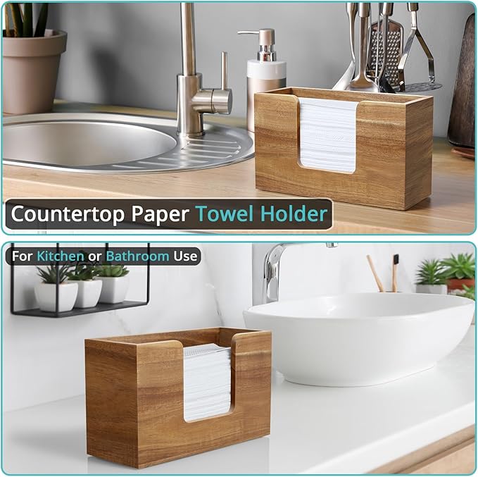 Paper Towel Dispenser Countertop, Acacia Wood Bathroom Paper Towel Holder for Home, Napkin Holder for Kitchen, Multifold C-Fold, Z-Fold, Trifold Paper Hand Towel Dispenser for Bathroom Toilet