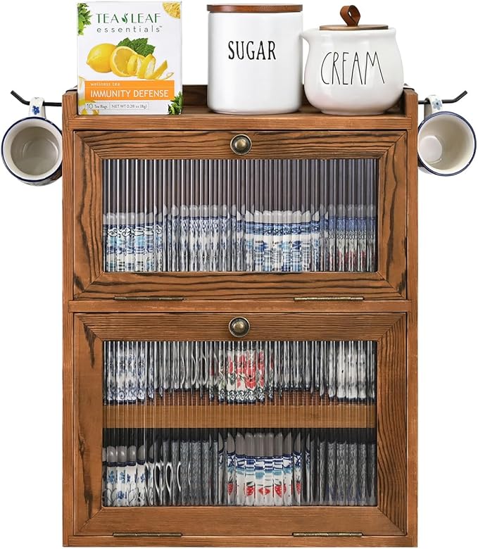 Ikee Design Rustic Wooden 2-Tier Countertop Storage Cabinet with Wavy Doors, Cupboard Organizer with Removable Bamboo Tea Tray, for Kitchen Pantry, Cups, Brown Color, 12.1W x 6.3D x 15.7H in
