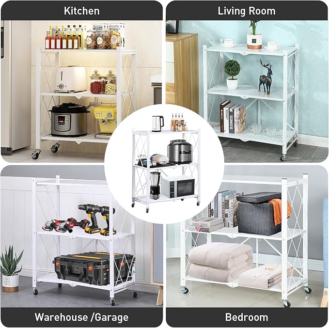 Foldable Storage Shelves with Wheels, Folding Shelving Units Storage, Heavy Duty Metal Collapsible Shelf No Assembly, Large Capacity Pop-Up Organizer for Garage,Kitchen,Living Room, 3-Tier White