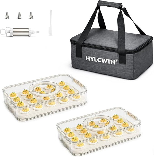 2 Pack Deviled Egg Containers with Lid, Durable Deviled Egg Platter, Fridge Portable Egg Tray with Lids for Party, Thickened Deviled Egg Carrier with Portable Insulated Bag and Piping Decorating Kit