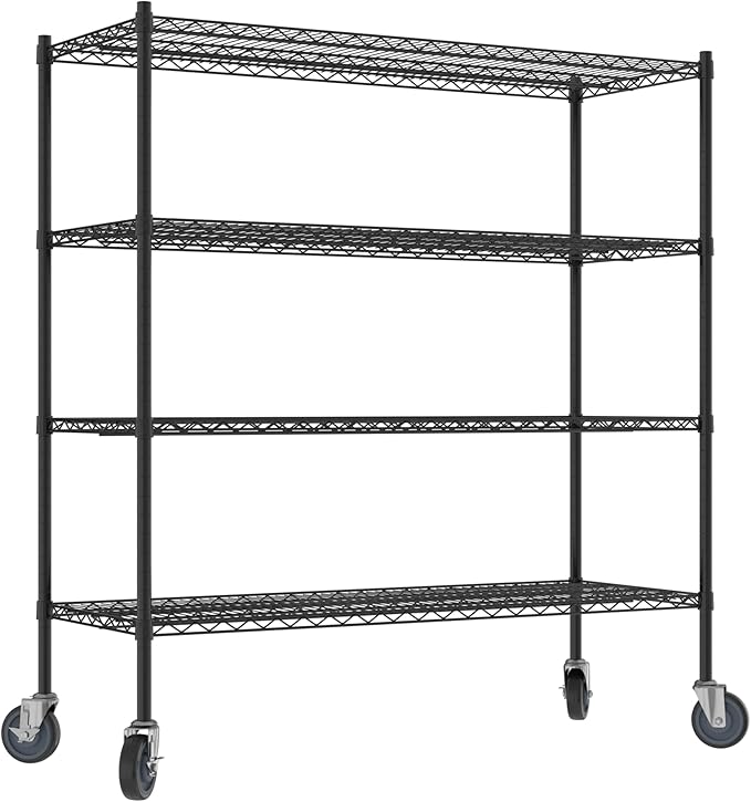 Commercial NSF Listed Black Epoxy Mobile Wire Shelving Kit 21" x 54" x 60", with 4 Shelves Perfect for Warehouse, Walk-in Refrigerator, Freezer, Grocery Store, Restaurant, Dishroom