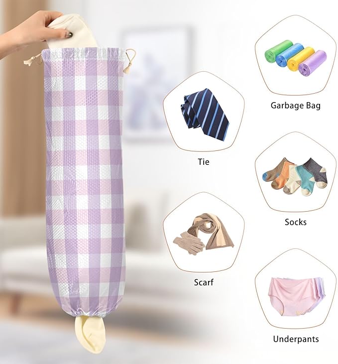 Plastic Bag Holder Wall Mount Grocery Bag Shopping Bag Storage Holder Organizer Dispenser with Adhesive Hook,for Kitchen Bathroom Home Decor 9x22inches Purple Plaid Pattern