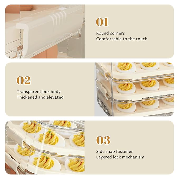 Deviled Egg Containers with Lid, Deviled Egg Carrier 3-Layer Plastic Clear Tray with Lid & Handle & Buckle Thickened 60 Holder for Fridge, Travel, Party, Carrier