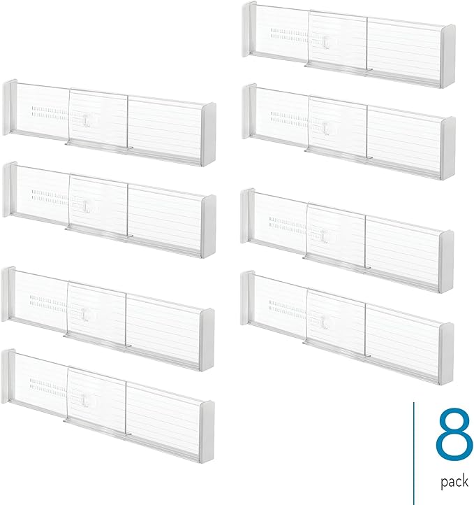 iDesign Plastic Adjustable Deep Kitchen or Dresser Drawers-Set of 8-Clear Dividers