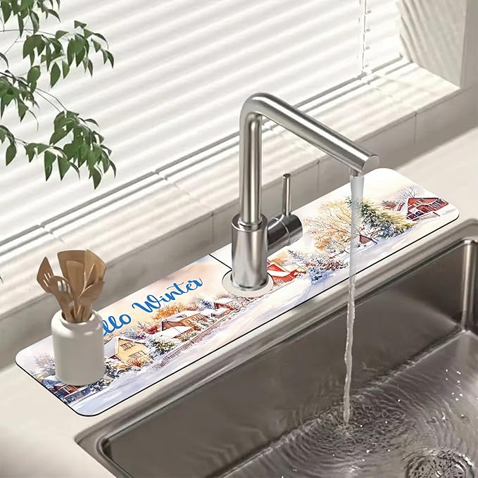 Chrismas Sink Faucet Absorbing Mat Hello Winter Sink Splash Guard Drying Mat for Kitchen Bathroom Faucet Sinkmat 23.5"X5.5"