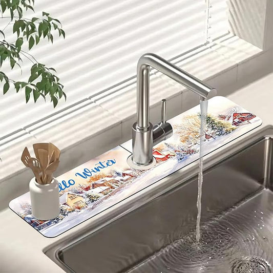 Chrismas Sink Faucet Absorbing Mat Hello Winter Sink Splash Guard Drying Mat for Kitchen Bathroom Faucet Sinkmat 23.5"X5.5"