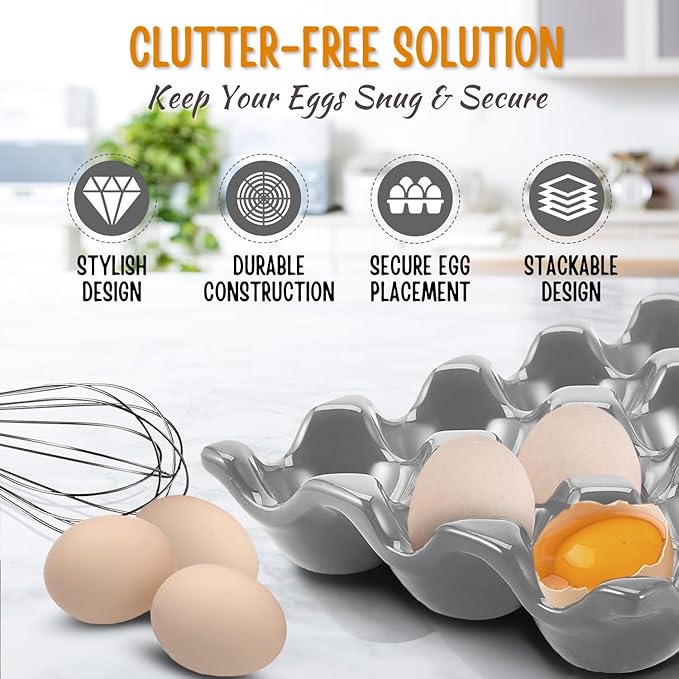 Flexzion 12 Cups Ceramic Egg Holder for Fridge - Dozen Ceramic Egg Tray Porcelain Container Storage Organizer Decorative Serving Stand Serveware for Refrigerator Countertop Display (Gray, 2 Pack)
