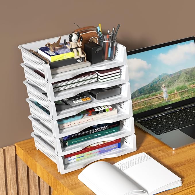 6 Tier Plastic Office Paper Organizer Trays, Stackable Desk Tray for Letter Documents, White