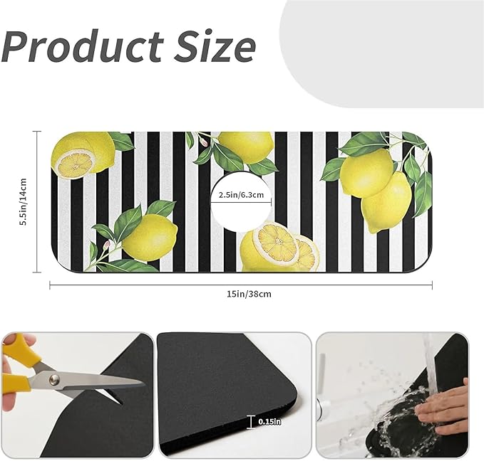 Kitchen Sink Splash Guard，Lemon and stripes Faucet Mat Sink Gadgets-Super Absorbent Fast Drying Mat Drip Catcher for Kitchen, Bathroom,Sink Mat, Dish Drying Mat, Bathroom(15" X 5.5" )