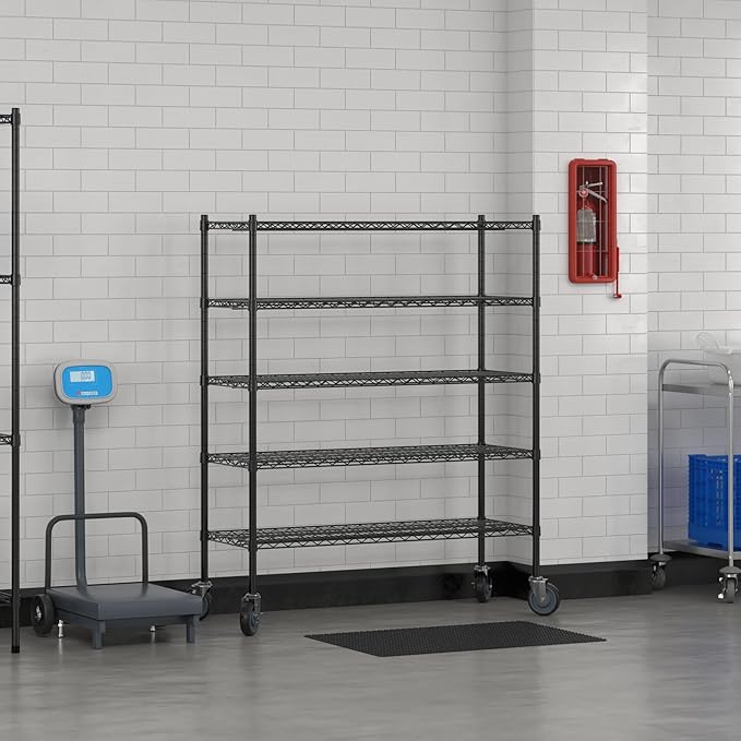 Commercial NSF Listed Black Epoxy Mobile Wire Shelving Kit 18" x 48" x 60", with 5 Shelves Perfect for Warehouse, Walk-in Refrigerator, Freezer, Grocery Store, Restaurant, Dishroom