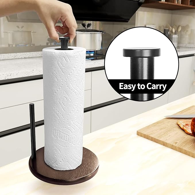 Wood Paper Towel Holder Countertop, OBODING, Farmhouse Kitchen Paper Towel Holders Stand with Real Wooden Base, fits Standard and Jumbo Size Paper Towels (Dark Brown)