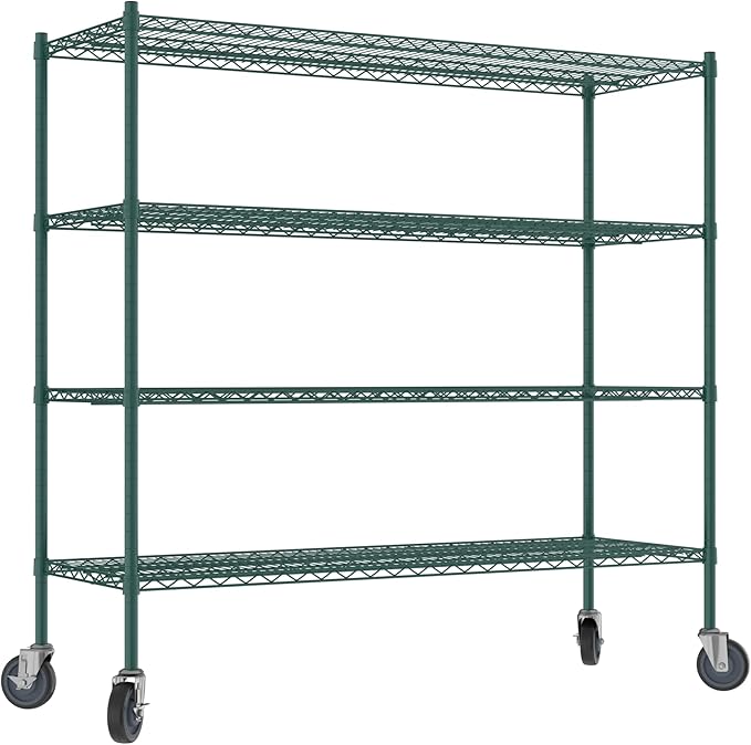 Commercial NSF Listed Green Epoxy Mobile Wire Shelving Kit 21" x 60" x 60", with 4 Shelves Perfect for Warehouse, Walk-in Refrigerator, Freezer, Grocery Store, Restaurant, Dishroom