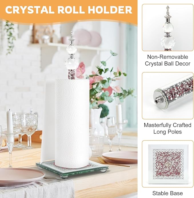 Crystal Paper Towel Holder, Bling Pink Paper Towel Roll Holder, Decorative Standing Paper Towel Holder for Kitchen Countertops Bathroom, Paper Towel Dispenser with Weighted Base (Square/Pink)