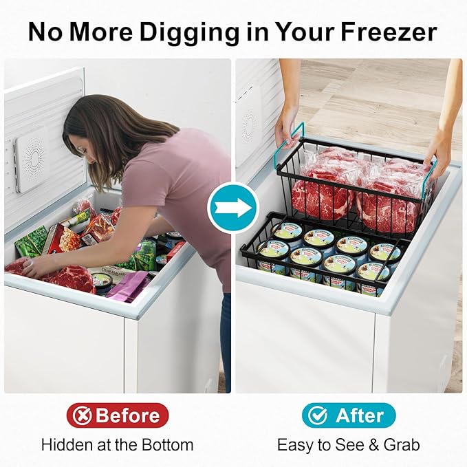 iSPECLE Deep Freezer Organizer Bins, 8 Pack Chest Freezer Baskets for 7 Cu.Ft, Stackable Wire Chest Freezer Organizer Bins for Small Food, Strong Metal with Handles for Meat and Veggies, Black