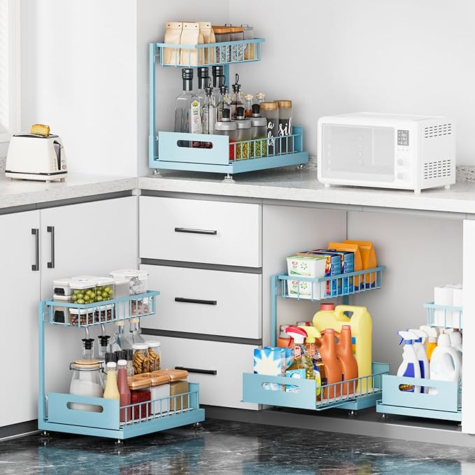 Under Sink Organizer, L shaped 2 Tier Pull Out Under Sink Organizer with Adjustable Height, Premium Metal Sliding Basket Shelf for Kitchen Bathroom Cabinet Storage Pack of 1 Teal