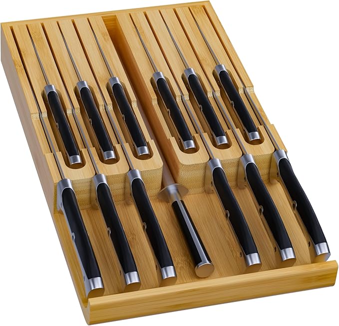 Domax Bamboo In-drawer Knife Block - Kitchen Knife Drawer Organizer Insert, Steak Knife Holder Without Knives, Drawer Knife Organizer Fits for 12 knives and 1 Sharpening Steel (Not Included)
