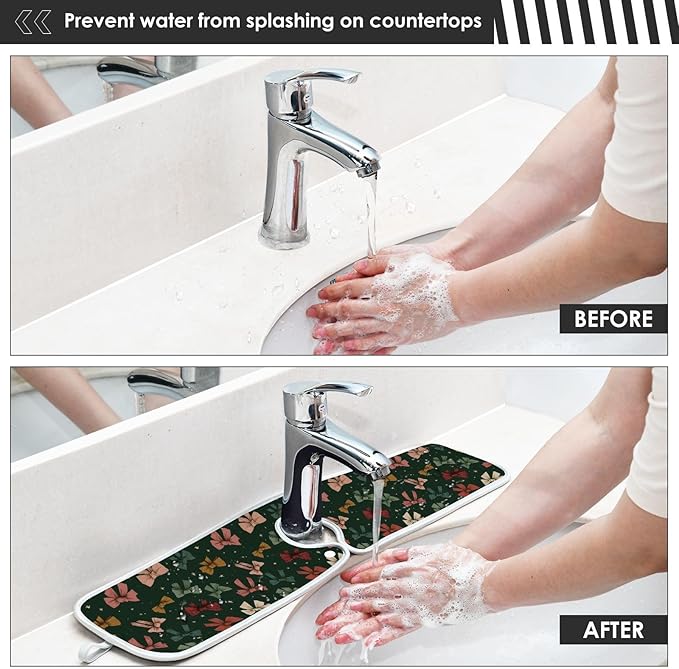 2 PCS Kitchen Sink Splash Guard 23.6 Inch Faucet Mat for Kitchen Sink Bathroom Sink Faucet Absorbing Drip Drain Mat Pad Microfiber Soft Washable Green and Beige Bows Stars