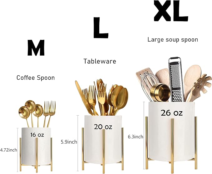 Kitchen Utensil Holder,White Ceramic Silverware Caddy With Golden Metal Frame Chic & Modern Kitchen Cooking