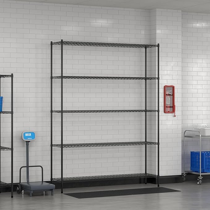 Commercial NSF Listed Black Epoxy Stationary Wire Shelving Kit 18" x 72" x 96", with 5 Shelves Perfect for Warehouse, Walk-in Refrigerator, Freezer, Grocery Store, Restaurant, Dishroom