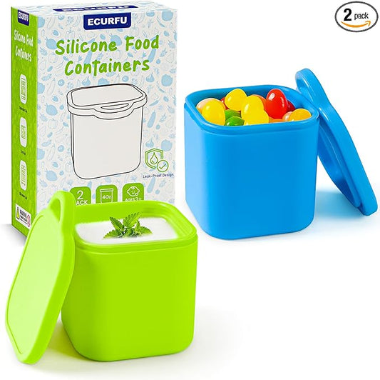 Ecurfu Silicone Dips Containers, 2x 4 oz Salad Dressing Container To Go, Condiment Container with Lids, Compatible with Most Bento Lunch Box (Blue/Green)
