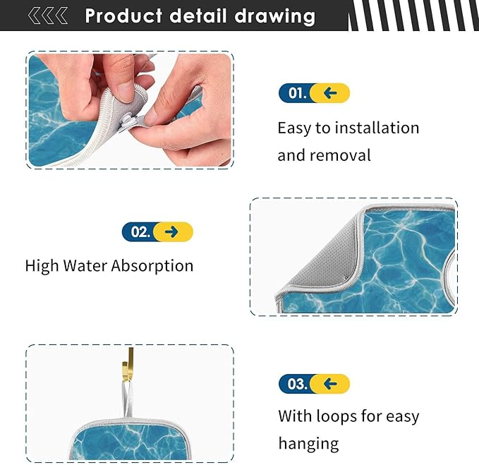 2 PCS Kitchen Sink Splash Guard 14.9 Inch Faucet Mat for Kitchen Sink Bathroom Sink Faucet Absorbing Drip Drain Mat Pad Microfiber Soft Washable Blue Pool Ripples