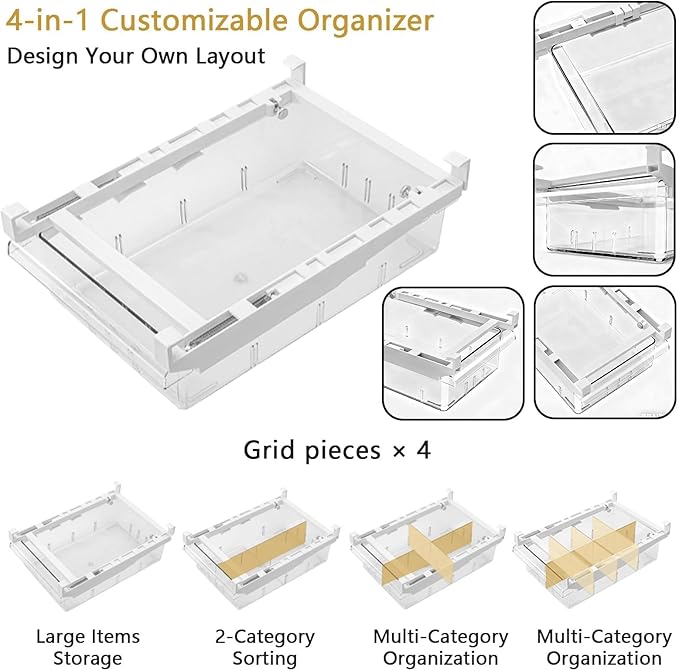 Refrigerator Drawer Organizers, Fridge Drawer Organizer, Pull Out with Handle, Clear Container for Food Drinks, Fit for Refrigerator Shelf Under 0.6 Inch, Easy to Install（2-Pack）