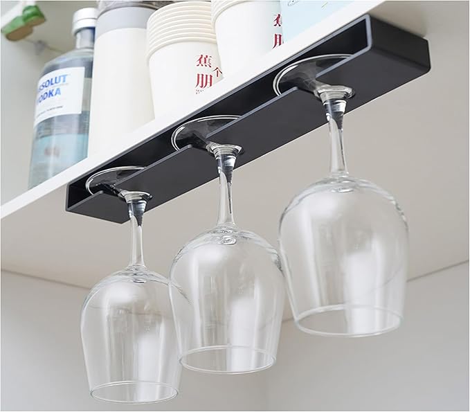 2 piece Wine Glass Holder,Under Shelf Cabinet Wine Glass Rack, Plastic Stemware Rack,Glassware Drying Storage Hanger for Kitchen,Bar and Restaurant (Black Style A)