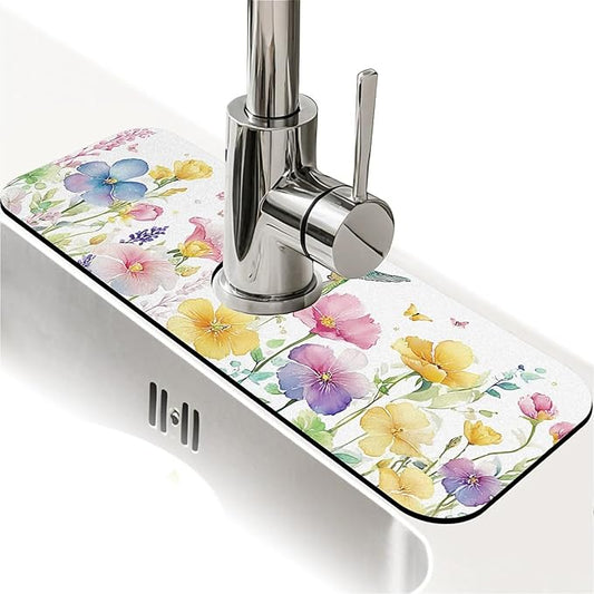 Kitchen Sink Splash Guard，Spring-flowers with hummingbirds Faucet Mat Sink Gadgets-Super Absorbent Fast Drying Mat Drip Catcher for Kitchen, Bathroom,Sink Mat, Dish Drying Mat, Bathroom(15" X 5.5" )