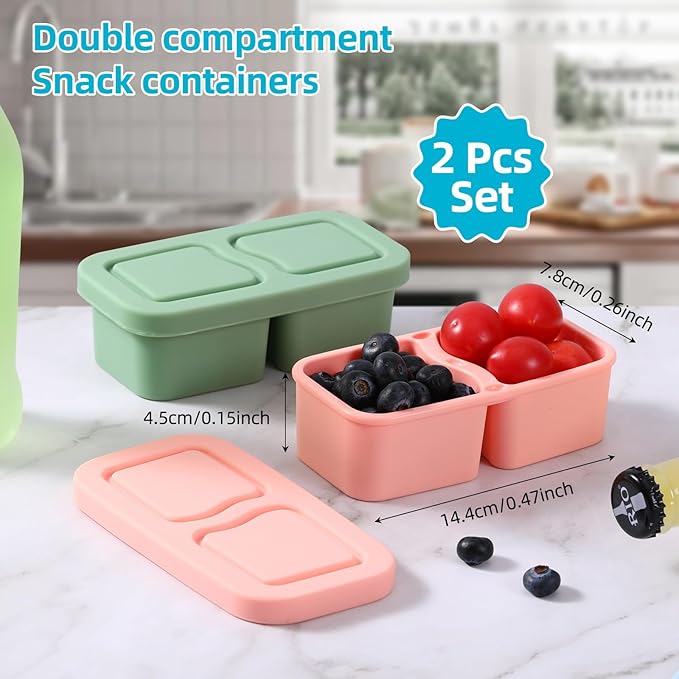 2 Pack Silicone Snack Containers with Lids, 6.8 Oz Double Compartment Food Storage Containers for Picnic, School, Office, Travel Meal Prep and Kitchen Storage
