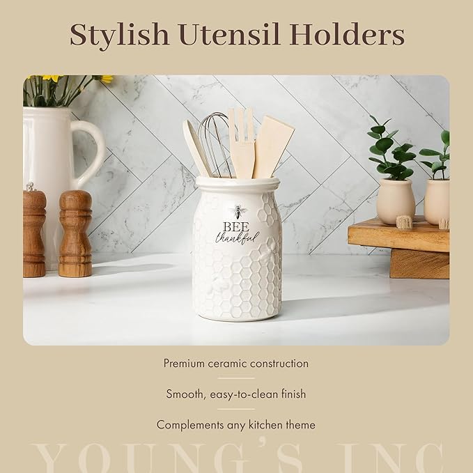 Young's Inc Buffalo Plaid Kitchen Tool Holder with Tools, Ceramic Utensil Holder for Kitchen Counter, Cooking Spoon & Spatula Holder for Counter with Utensils, Black and White
