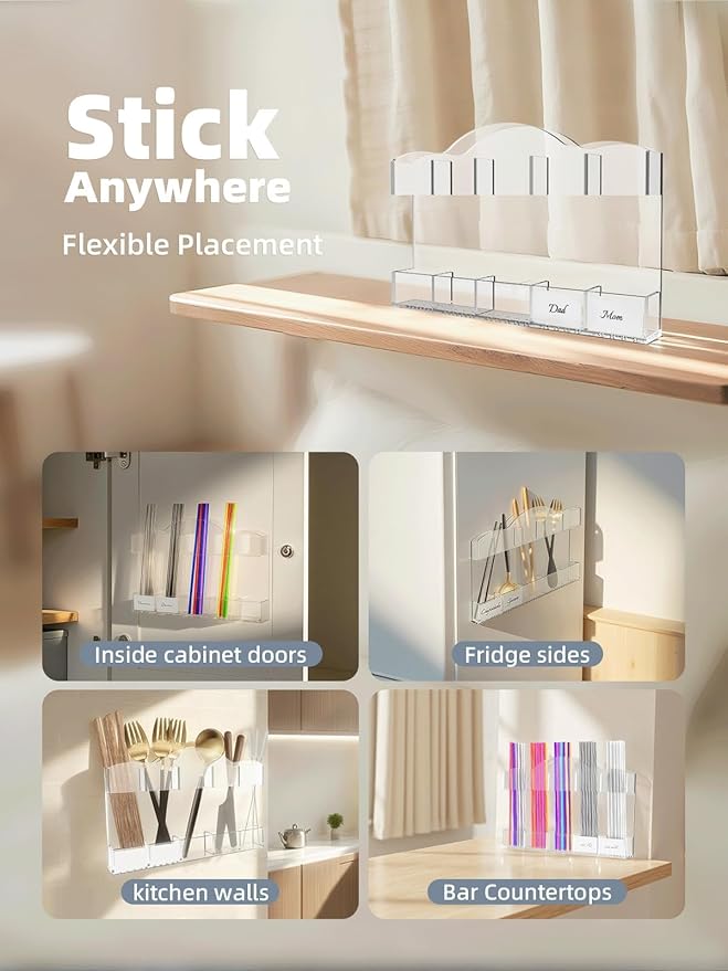 9.8" Acrylic Straw Holder for Cabinet Door - Straw Organizer with Ultra-Sticky Adhesive, Kitchen & RV Essensials, 5-Compartment Storage for Reusable Straws & Brushes, Colored Pencils, Markers