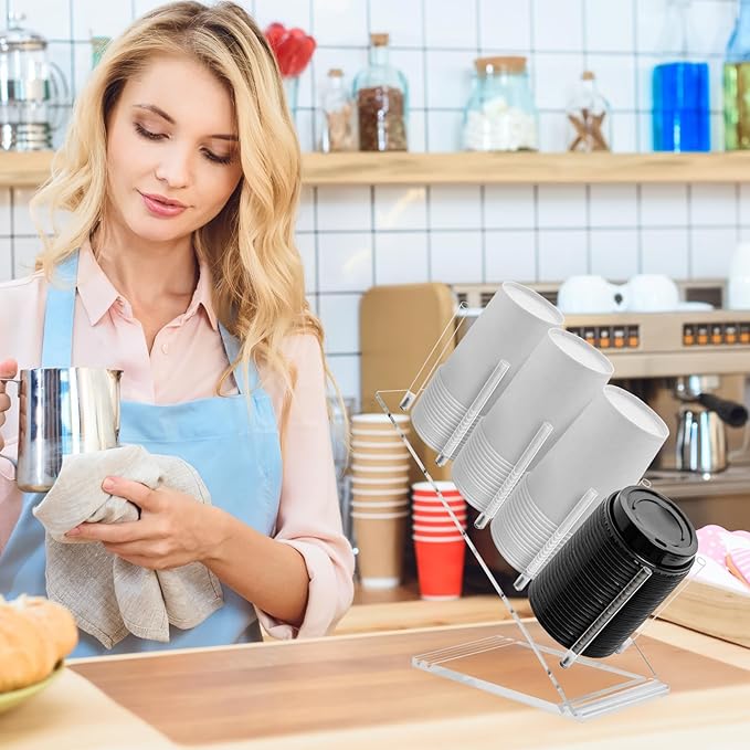 Acrylic Cup and Lid Holder, Adjustable Coffee Cup Holder Organizer Disposable Cup Dispenser Stand Countertop for Coffee Bar Station Bakery Breakroom 4 Compartment