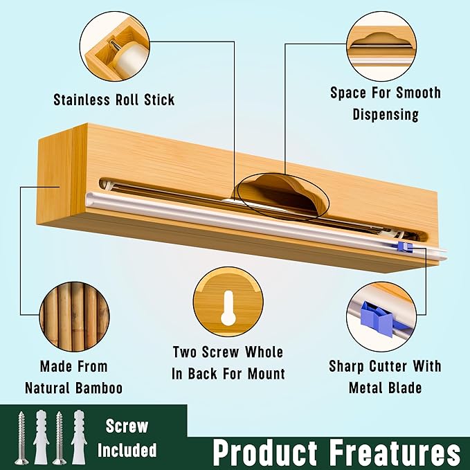 15” Bamboo Plastic Wrap Dispenser with Cutter – Aluminum Foil Dispenser with Cutter for Kitchen – Kitchen Wrap Dispenser for Plastic Wrap, Parchment Paper Roll, Fits Rolls Up to 15 Inches