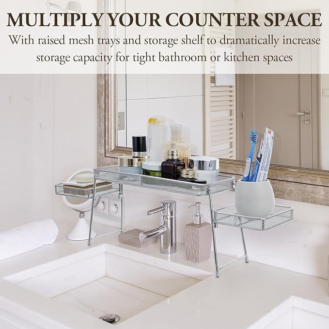 MyGift Chrome Plated Metal Over The Sink Organizer Shelf Rack, 3 Tiered Bathroom or Kitchen Sink Storage Display Caddy