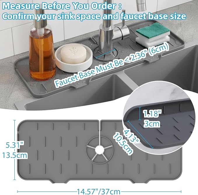 Silicone Faucet Handle Drip Catcher Drying Tray Mat Dish Soap Sponge Holder Accessories Gadgets for Kitchen Counter Bathroom Kitchen Sink Splash Guard (Gray, 14.56")