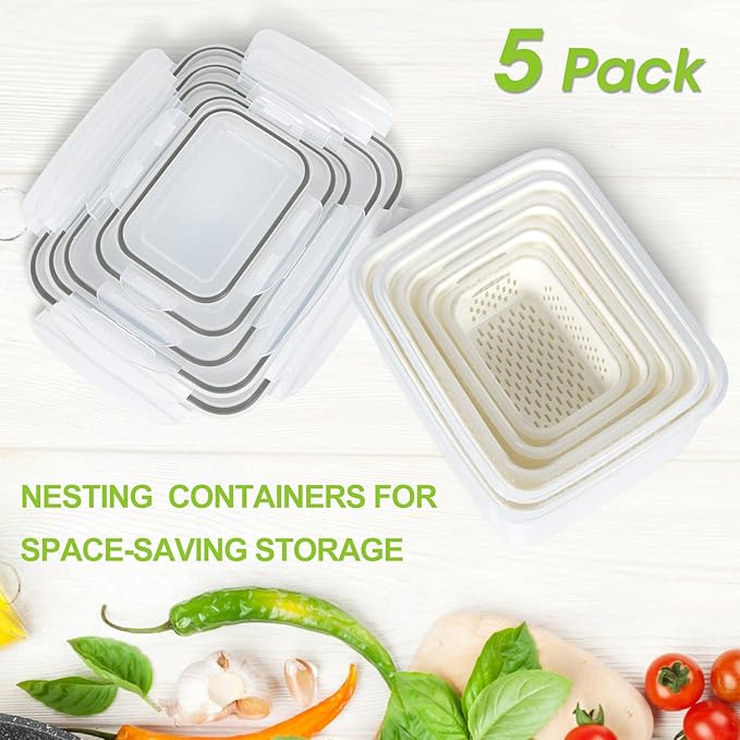 TBMAXS 5 Pack Fruit Storage Containers for Fridge, Produce Saver Vegetable Container with Drain Colanders - Refrigerator Organizer for Lettuce Keepers Berry Container