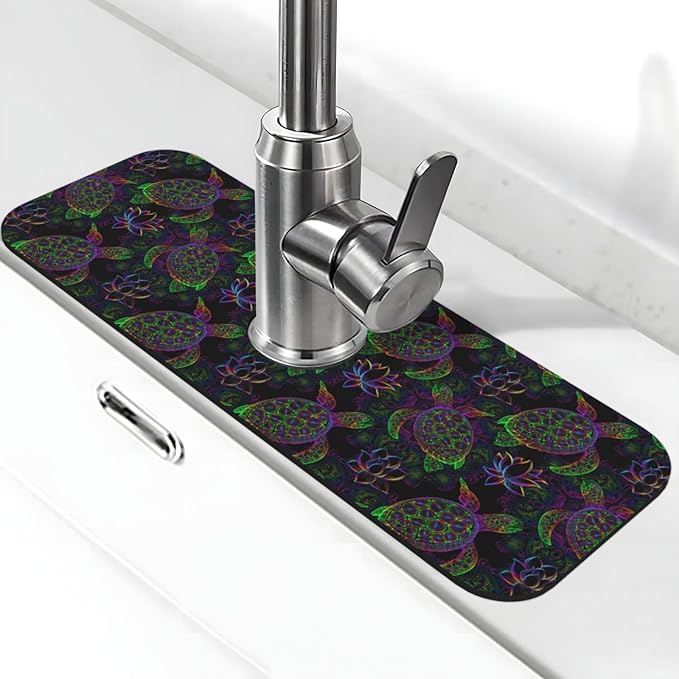Sea Turtle Psychedelic Mandala Boho Colors 15" X 5.5" Kitchen Sink Splash Guard Faucet Faucet Guard Draining Mat Sink Splash Guard Faucet Kitchen Bathroom