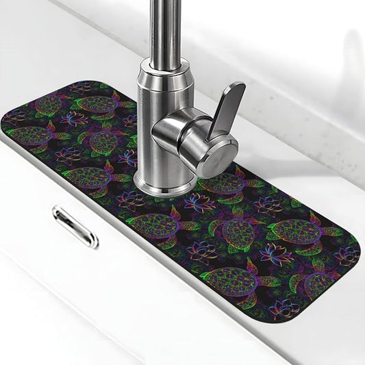Sea Turtle Psychedelic Mandala Boho Colors 15" X 5.5" Kitchen Sink Splash Guard Faucet Faucet Guard Draining Mat Sink Splash Guard Faucet Kitchen Bathroom