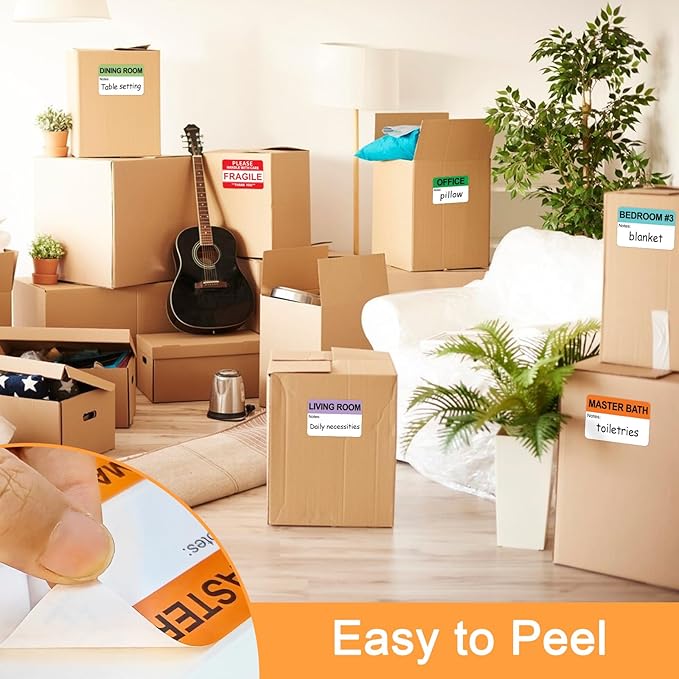 Labelebal 600 Writable Stickers 2” x 3” Each,20 Designs Pre-Printed Color-Coded Home Moving Packing Box Labels with Fragile, Extra, Heavy Labels