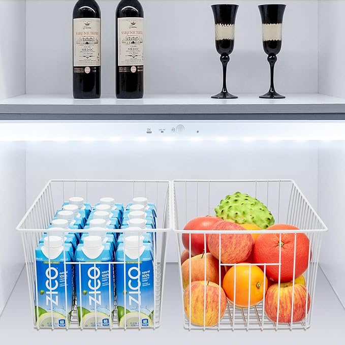 16" Upright Freezer Organizer Baskets, Wire Storage Bins Large Bakset for Freezer, Pantry, Kitchen, Bathroom Organizing, White, Set of 4
