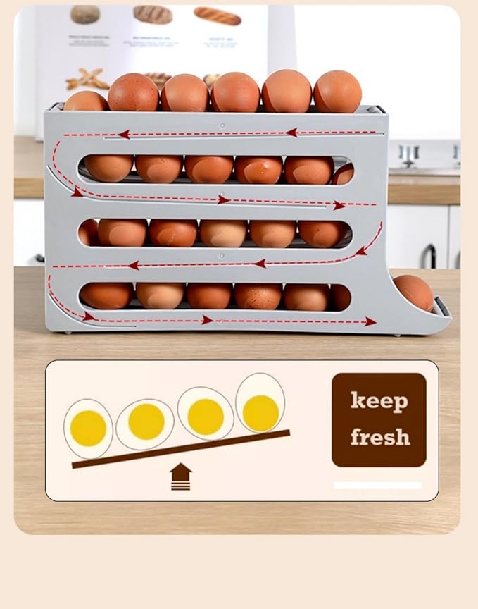 30 Eggs Egg Holder for Fridge,4 Tiers Egg Container,Auto Rolling Fridge Egg Organizer for Refrigerator,Space-Saving Egg Dispenser Holder,Fridge Egg Rack (Yellow, 1pack)
