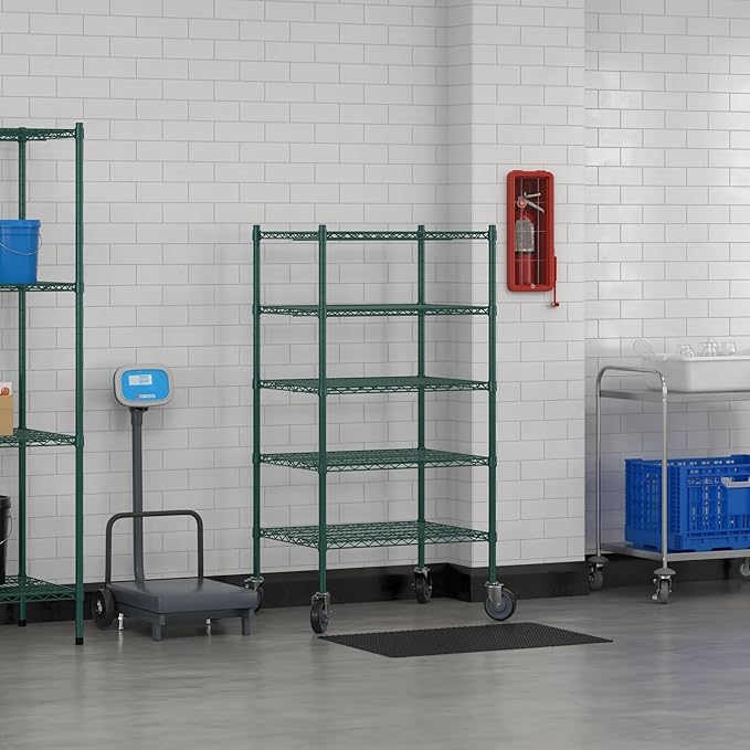 Commercial NSF Listed Green Epoxy Mobile Wire Shelving Kit 24" x 30" x 60", with 5 Shelves Perfect for Warehouse, Walk-in Refrigerator, Freezer, Grocery Store, Restaurant, Dishroom