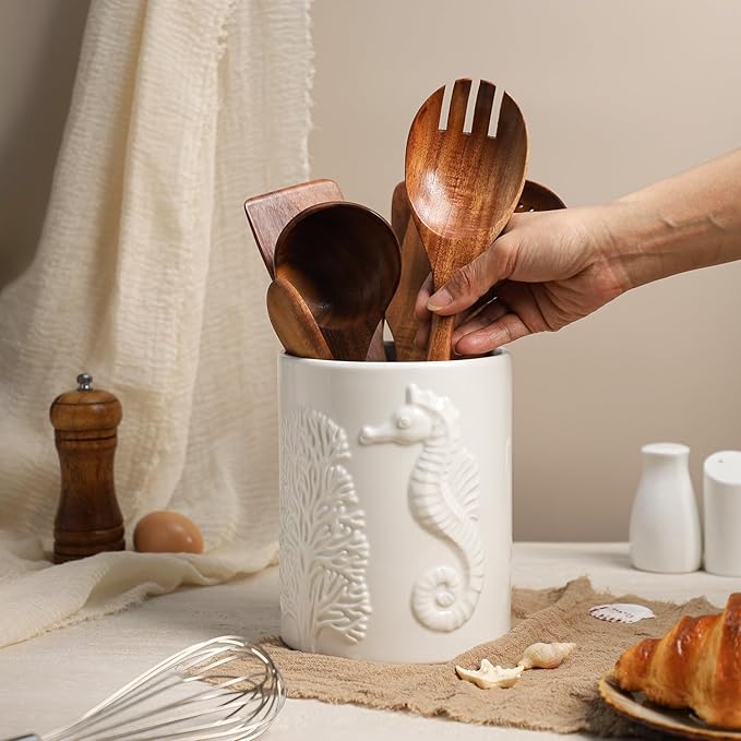 Ceramic White Seahorse Embossed Pattern Kitchen Utensil Holder, Large Cooking Utensil Crocks for Countertop, Ocean Style Utensil Organizer for Spatula and Home
