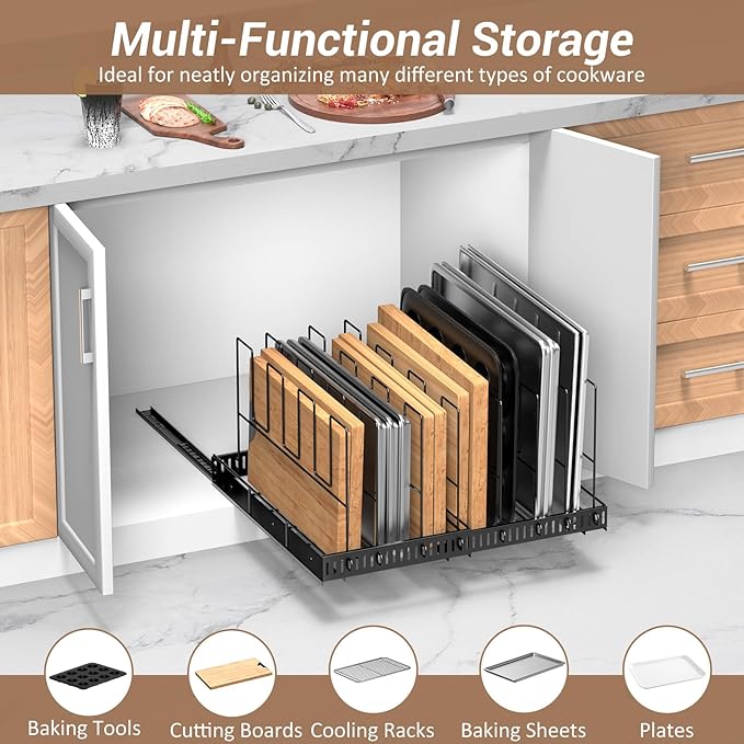 Housolution Pull Out Large Baking Tray and Cookie Sheet Organizer, 13"-22" Width Expandable Cutting Board Holder with 8 Adjustable Dividers, 20" Deep Bakeware Storage Rack for Cabinet, Black