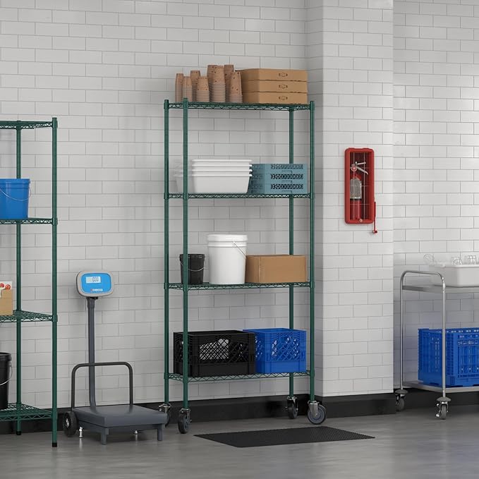 Commercial NSF Listed Green Epoxy Mobile Wire Shelving Kit 12" x 36" x 80", with 4 Shelves Perfect for Warehouse, Walk-in Refrigerator, Freezer, Grocery Store, Restaurant, Dishroom