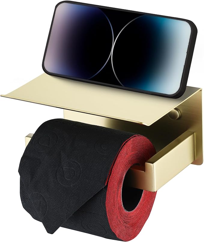 LANC Gold Toilet Paper Holder with Shelf, Adhesive or Screw Toilet Paper Roll Holder with Shelf for Bathroom Wall Mount, Stainless Steel Tissue Holder Dispenser,Brushed Gold Left, A8367BG-LF
