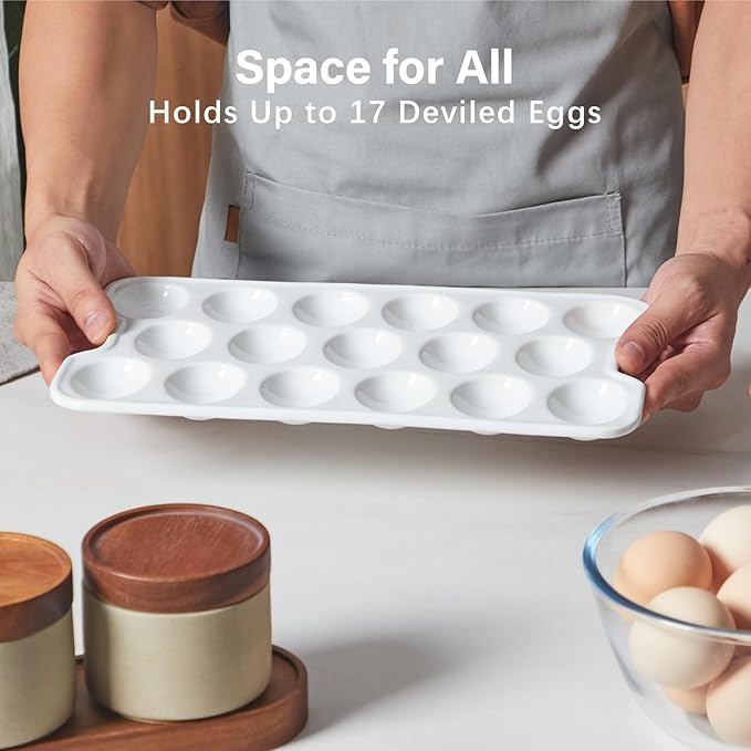 ONEMORE Ceramic Deviled Egg Platter Set of 2, Christmas Deviled Egg Tray, 17 Holes Eggs Holder for Fridge, Rectangle Appetizer Serving Dishes for Parties & Entertaining, Serving Plate for Boiled Eggs